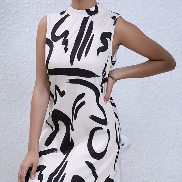 Monochrome Abstract Print Sleeveless Midi Dress – Modern Art Style - Picture 2 of 7